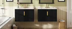 English Elm 60" Vintage Bathroom Vanity with Ceramic Sink Wall-Mount Modern Striped Design Durable MDF Wood Finish Black N710SS00010B