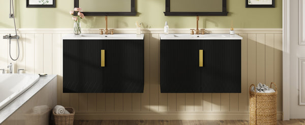English Elm 60" Vintage Bathroom Vanity with Ceramic Sink Wall-Mount Modern Striped Design Durable MDF Wood Finish Black N710SS00010B