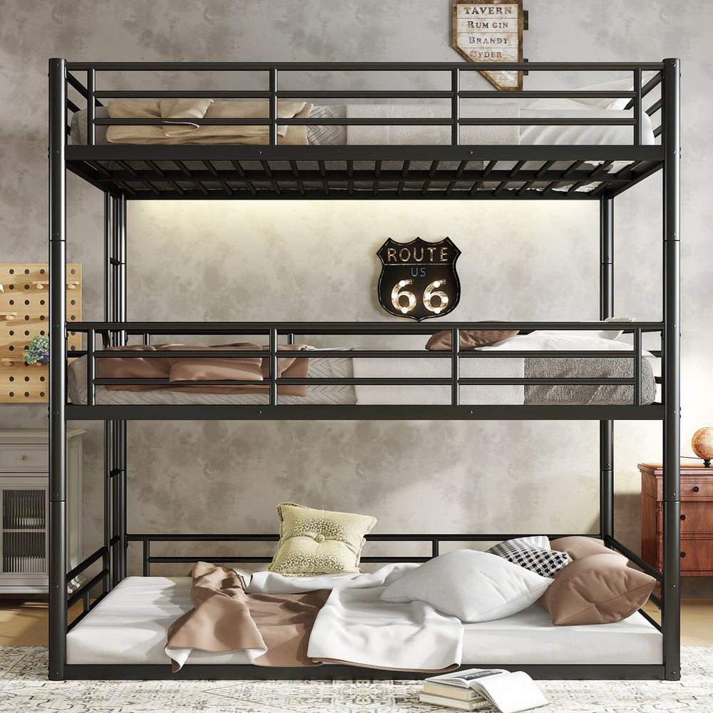English Elm Twin Triple Metal Bunk Bed Matte Powder Coated Frame with Full Safety Guardrails Black W1580S00580