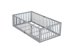 English Elm Twin House Frame Floor Bed Rubberwood with Roof Canopy and Safety Rails for Kids Grey W504P429537