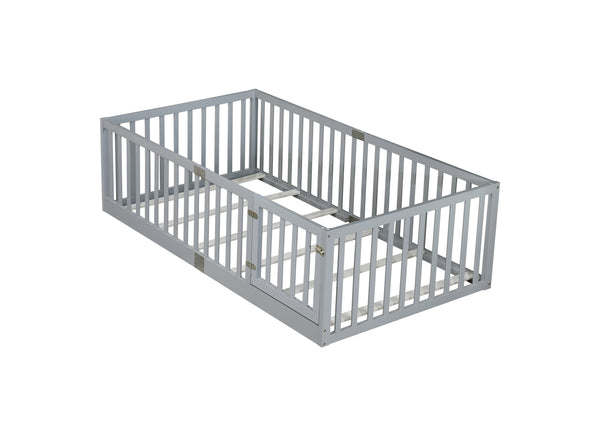 English Elm Twin House Frame Floor Bed Rubberwood with Roof Canopy and Safety Rails for Kids Grey W504P429537