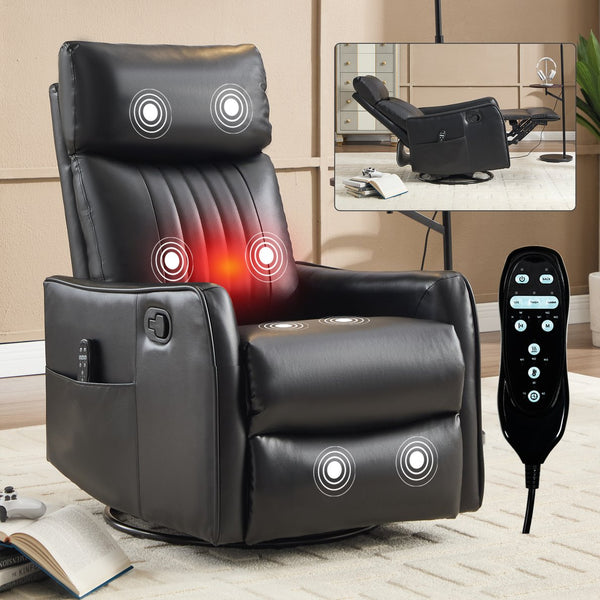 English Elm Blue Fabric Swivel Rocker Recliner with Massage Heat Nodes for Living Room Comfort Black Pu W1803P321812