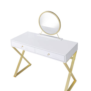 English Elm Coleen Elegant Walnut Vanity Desk with Mirror, Metal Frame, 2 Drawers & Jewelry Tray for Glam Makeup Gloss White,Gold 48.8 L x 23.25 W x 8 H B2726P315740