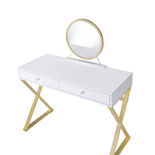 English Elm Coleen Elegant Walnut Vanity Desk with Mirror, Metal Frame, 2 Drawers & Jewelry Tray for Glam Makeup Gloss White,Gold 48.8 L x 23.25 W x 8 H B2726P315740