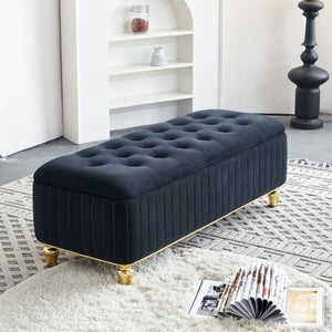 English Elm 47.24''W Storage Ottoman with Deep Button Tufting, Gold Accent Trim, Gas Lift, Sturdy Metal Legs Black W579P224706