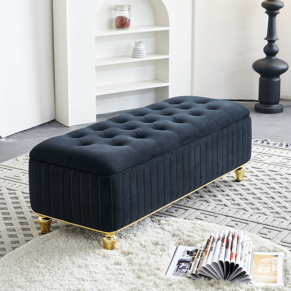 English Elm 47.24''W Storage Ottoman with Deep Button Tufting, Gold Accent Trim, Gas Lift, Sturdy Metal Legs Black W579P224706