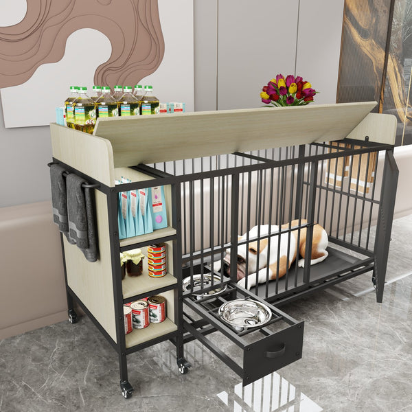 English Elm Large Iron Mdf Pet Enclosure with Storage Cabinet Rolling Casters and Steel Feeding Basins W3064P245384