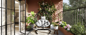 English Elm U_style Wicker Hanging Egg Chair with Stand Foldable Indoor Outdoor Swing Seat Black+ Gray N711P389502E