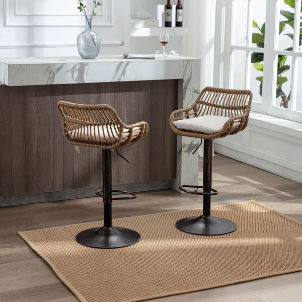 English Elm Modern Swivel Bar Stools Set of 2 Adjustable Counter Height Linen Seats 360° Rotation Vintage Gold W39594819
