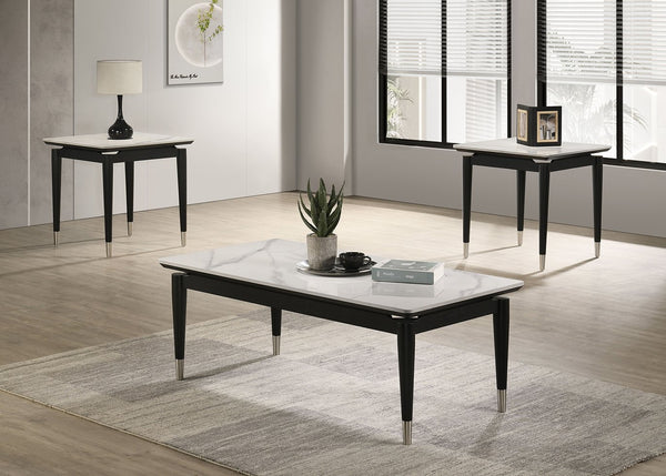 English Elm Contemporary sleek coffee table with sintered stone-look marble top, tapered legs and silver caps for modern elegance and durability Black,White 27 L x 27 W x 8 H B2741P402006
