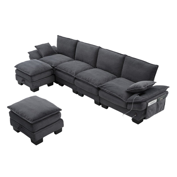 English Elm Sectional Modular Cloud Sofa Deep Corduroy Upholstered Comfort for Living Room Studio Dark Gray W395S00136