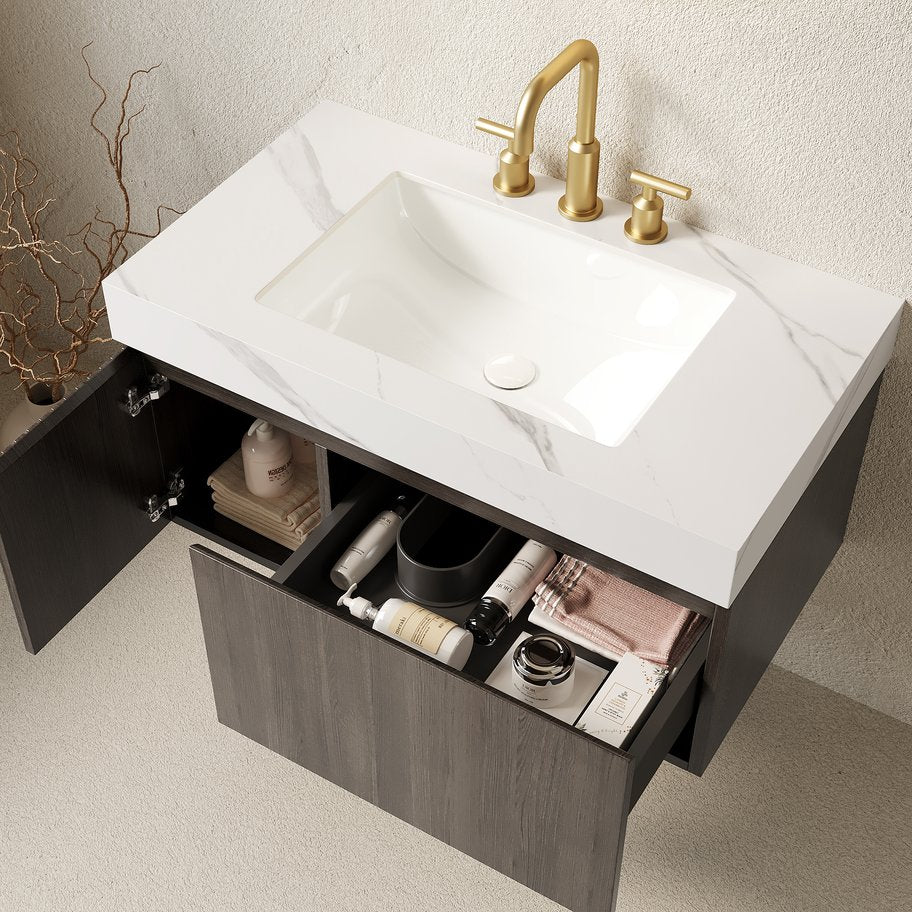 English Elm Muri Floating Bathroom Vanity Plywood Cabinet Sintered Stone Top Espresso Woodgrain W2615S00635