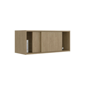 English Elm Note Floating Wall Cabinet Sliding Doors Slim Enclosed Storage for Office or Bedroom Natural Wood B200P462887