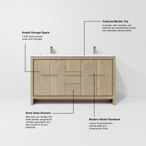 English Elm Rustic Acacia Double Bath Vanity 60" W X 20" D, Cultured Marble Top With Ample Storage & Style B2731P259458-GIGA