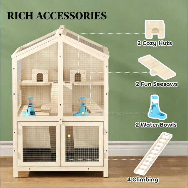 English Elm Small Animal Habitat 3 Tier Fir Wood Cage with Clear Panels for Hamsters and Gerbils T3971P481458