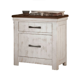 English Elm Plank Distressed White Transitional Nightstand 2-Drawer Solid Wood Bedside Table with Brass Arch Pulls and Felt-Lined French Dovetail Drawers B011P378480