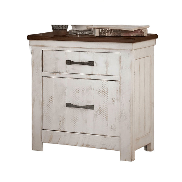 English Elm Plank Distressed White Transitional Nightstand 2-Drawer Solid Wood Bedside Table with Brass Arch Pulls and Felt-Lined French Dovetail Drawers B011P378480