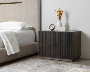 Sunpan Carlin Nightstand - Bold Mango Wood Design with Sculpted Drawers and Modern Aluminum Handles Taupe