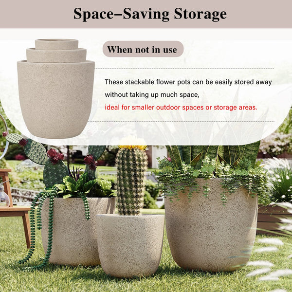English Elm U_style Mgo Concrete Look Round Planters Set of 3 Lightweight Stackable Outdoor Pots Beige+Yellow N711P406670E