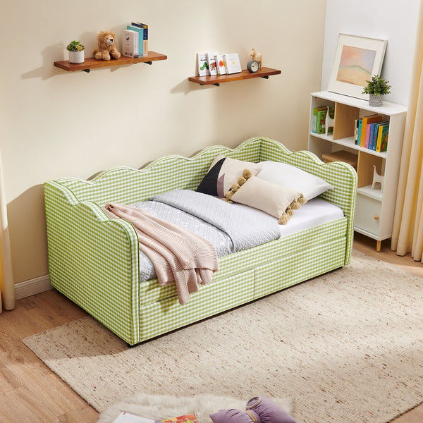 English Elm Twin Gingham Linen Daybed with Wave Silhouette Usb Port and Dual Storage Drawers Green W1413S00143