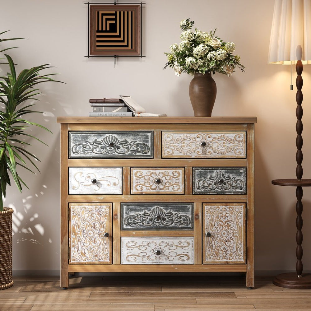 English Elm Vintage Wooden Accent Chest With 7 Drawers & 2 Cabinets - Rustic Storage For Farmhouse Decor & More W2295P388843-GIGA