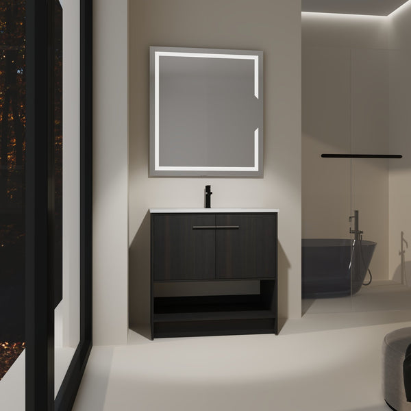 English Elm 36" Bathroom Vanity With Ceramic Sink, Soft-Close Doors, Modern Plywood Cabinet & Open Shelf Storage W1972S00020