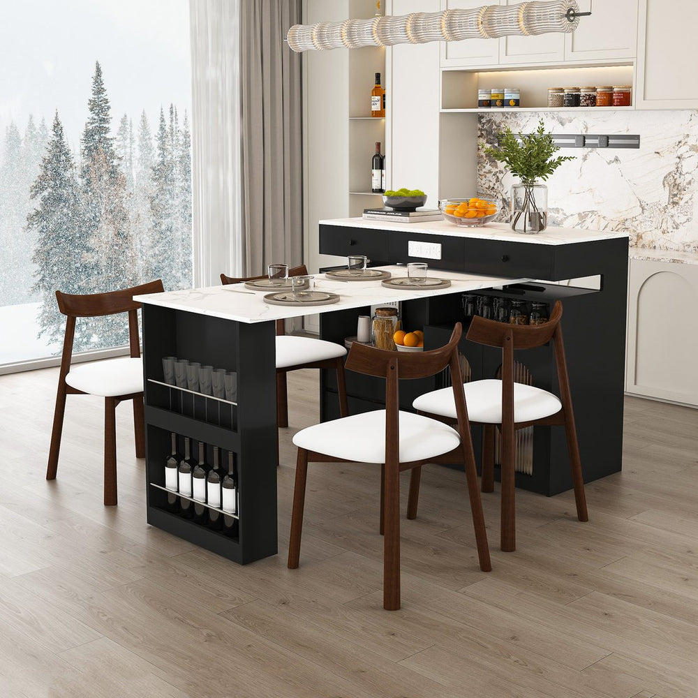 English Elm Kitchen Island Dining Set Marble Veneer Rotating Top Solid Wood Chairs Retro Modern White W2700S00121