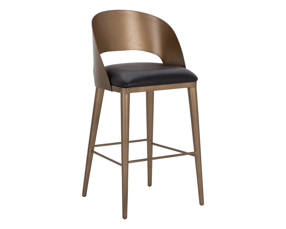 Sunpan Dezirae Barstool - Stylish Curved Back Design with Genuine Leather Seat and Unique Craftsmanship Antique Brass / Charcoal Black Leather