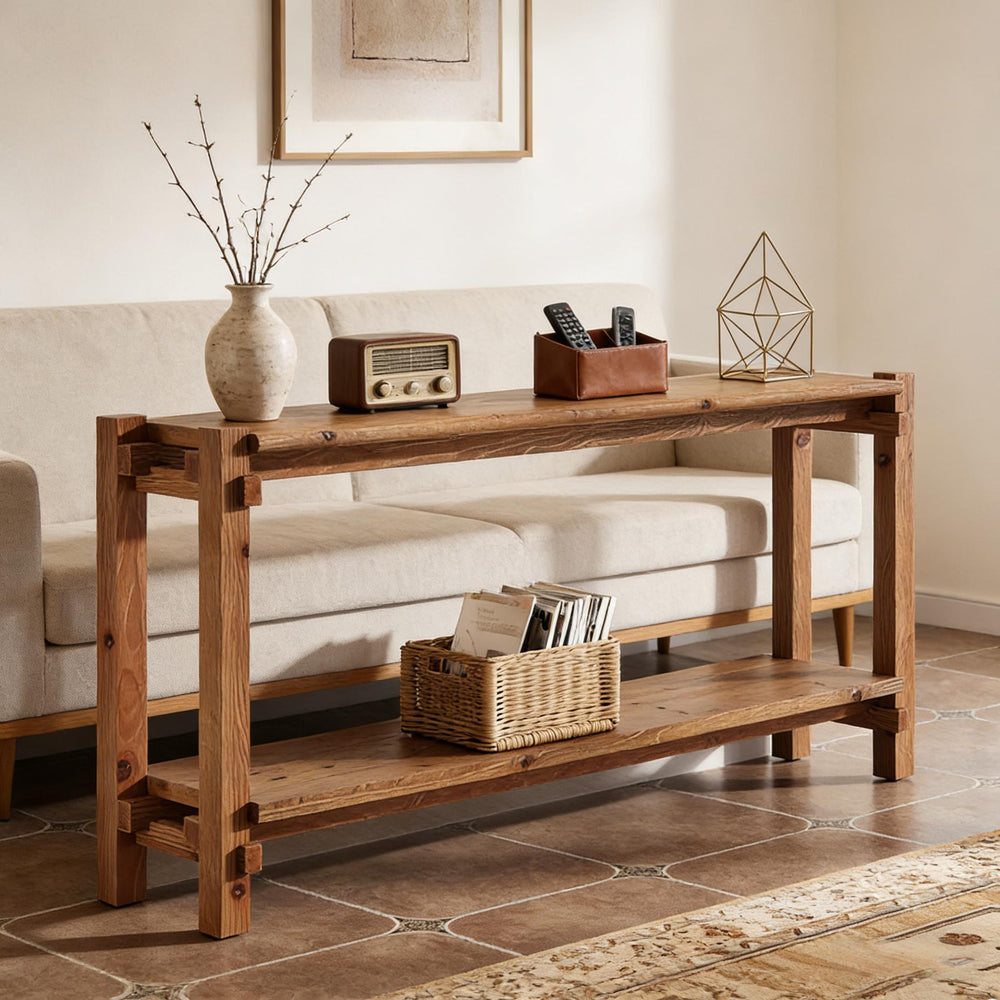 English Elm Practical Geometric Console Table with Matte Black Wood Grain Finish for Entryway or Sofa T3971P453086