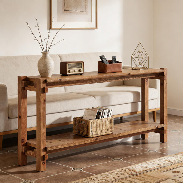 English Elm Practical Geometric Console Table with Matte Black Wood Grain Finish for Entryway or Sofa T3971P453086