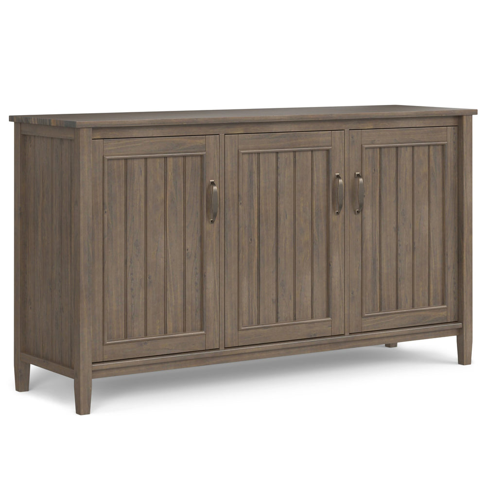 English Elm Lev Solid Wood Wide Storage Cabinet Smoky Brown – 3-Door Adjustable Shelves, Grooved Transitional Design, Brushed Bronze Handles, 60" W B136P158824