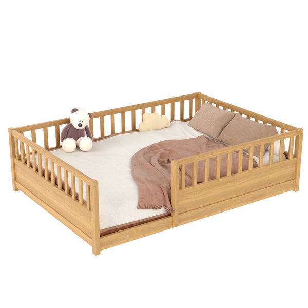 English Elm Twin Montessori Floor Bed Solid Pine Frame with Safety Fence Door for Kids Play Space Natural W1858P382402