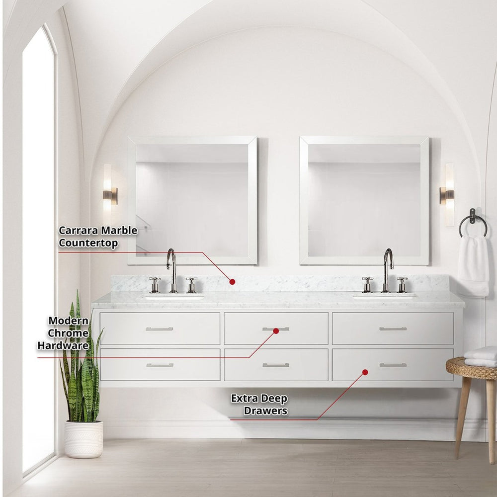 English Elm White Double Bath Vanity Set With Carrara Marble Top, Faucets & Matching Mirrors For Elegant Spaces B2731S01843-GIGA