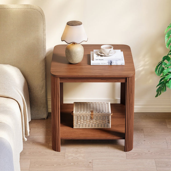English Elm Rounded Square End Tables Set of 2 Boho Walnut with Wave Legs and Open Shelf W5563P449956