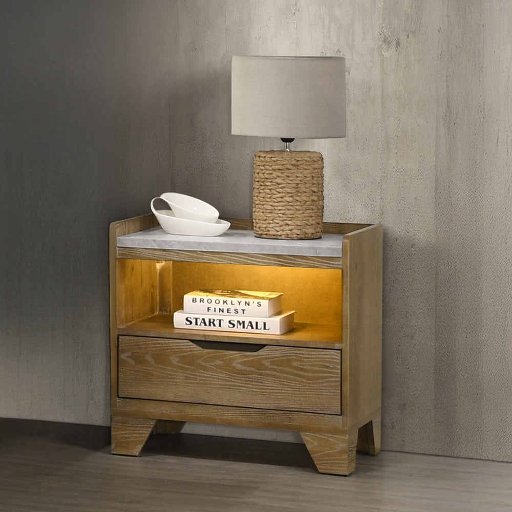English Elm Transitional Aspen Brown Wood Nightstand with Led Shelf Usb Charging and Storage Drawer B2741P411507