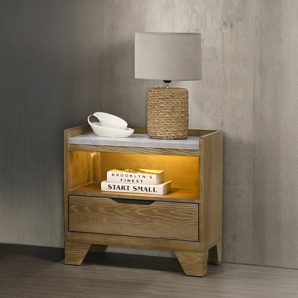 English Elm Transitional Aspen Brown Wood Nightstand with Led Shelf Usb Charging and Storage Drawer B2741P411507