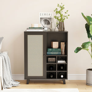 English Elm Rattan Cane Front Sideboard with Drawers Adjustable Shelf Bohemian Storage Cabinet Black T3623P434767