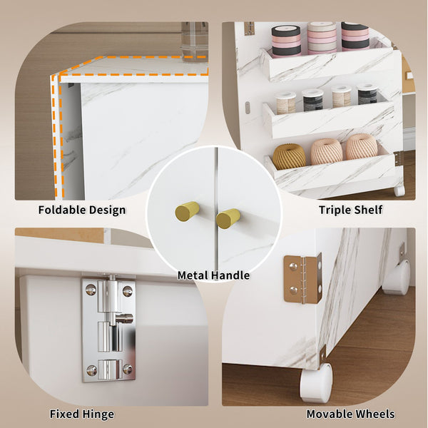 English Elm 57.5" Foldable Craft Station Rolling Sewing Table with Cabinet Bins and Open Shelf W2700P391395