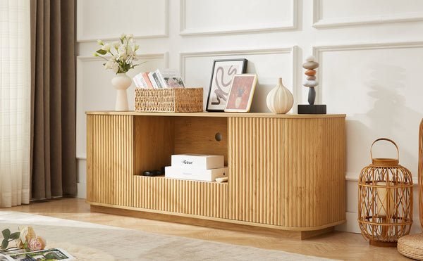 English Elm 64-Inch Wavy Tv Stand - Modern Rounded Sideboard With Push-To-Open Doors For Stylish Storage Solutions W1162P309021