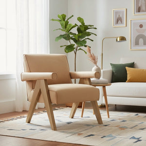 English Elm Nessi Mid-Century Faux Leather Arm Chair with A-Frame Walnut Legs, Corded Seams & Glide Protectors Sand B050P390604