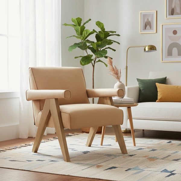 English Elm Nessi Mid-Century Faux Leather Arm Chair with A-Frame Walnut Legs, Corded Seams & Glide Protectors Sand B050P390604