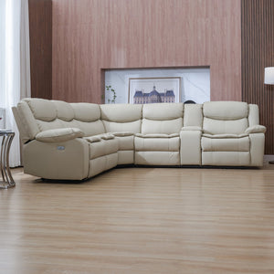English Elm L Leather Power Reclining Sectional Sofa with USB Ports, Storage Console, Breathable Seating for 5 Cream W791S00016