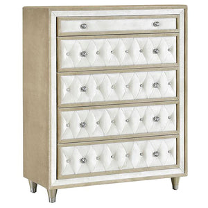 English Elm Justine 5-Piece Upholstered Bedroom Set In Ivory & Camel - Elegant Storage & Chic French Glamour B062S00972