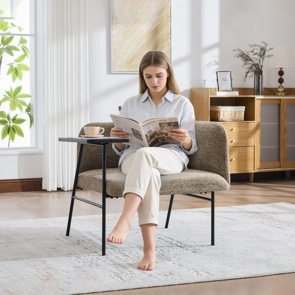English Elm Leisure Linen Accent Chair with Built-in Side Table Pockets and Lumbar Pillow Modern Khaki W395P453308