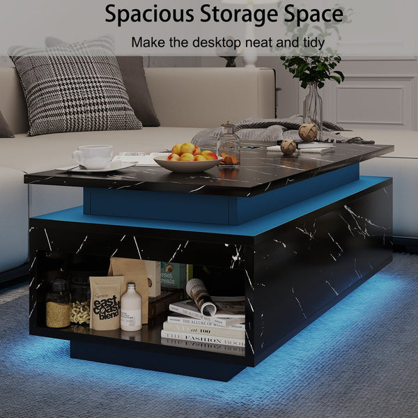 English Elm Coffee Table with Led Lighting Bluetooth Speaker Wireless Charging and Faux Marble Top Black T3773P415725