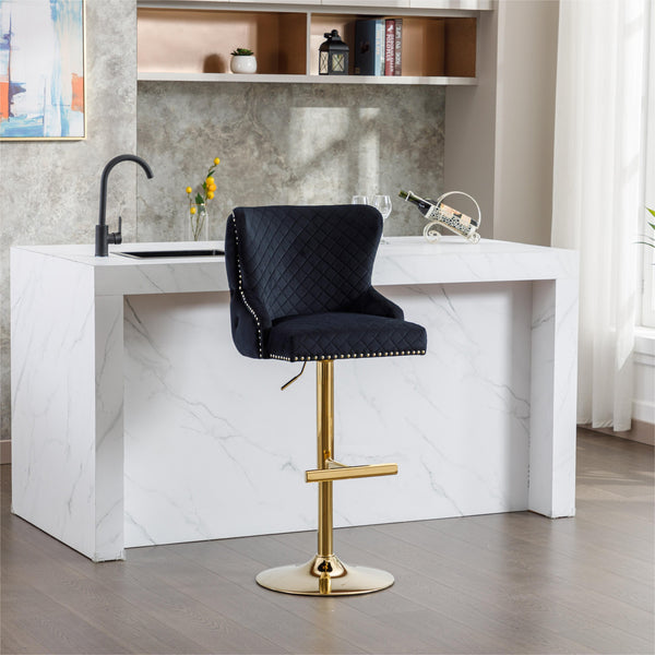 English Elm Hengming Velvet Bar Chair Stool with Plush Sponge Cushion, Gold Lion Head Pull & T‑Leg Base Gorgeous Finish and Anti‑Skid Feet (Set of 1) Black W212P156698