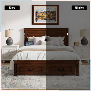 English Elm Queen Farmhouse Pinewood Storage Bed with Led Lighting Usb Charging and Panel Headboard Walnut W504P391016