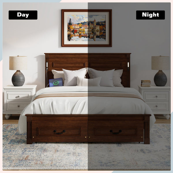 English Elm Queen Farmhouse Pinewood Storage Bed with Led Lighting Usb Charging and Panel Headboard Walnut W504P391016
