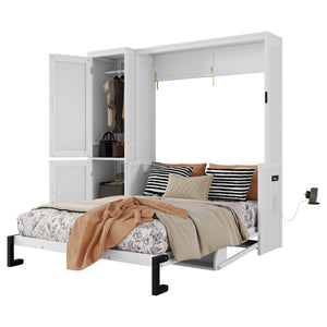 English Elm Queen Murphy Wall Bed with Integrated Desk Gas Strut Lift White Cabinet for Small Spaces W504S00271