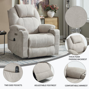 English Elm Up to 350 Lbs Chenille Power Lift Recliner with Massage Heating and Usb Charging Ports Beige W3224S00027